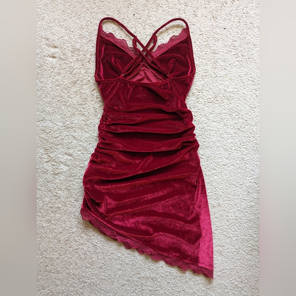 Red Velvet Lace Trim Mini Dress - Picture 6 of 6
